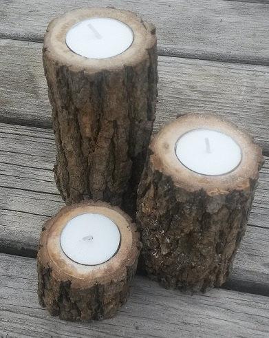 Mariage - 3 Assorted Size Rustic Wooden Candleholders Oak