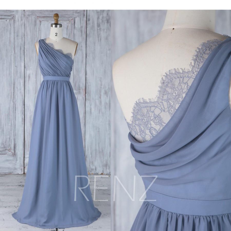 زفاف - Bridesmaid Dress Steel Blue Chiffon Wedding Dress,Lace Splice Neck Maxi Dress,One Shoulder Ruched Prom Dress,Draped Back Evening Dress(H502)