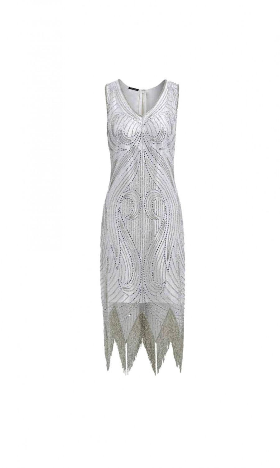 Hochzeit - Foxy Embellished Dress, 1920s Great Gatsby Style, Wedding Reception, Silver Tassel Flapper, White Bridesmaid Party Dress, Plus Size, S-XXXL