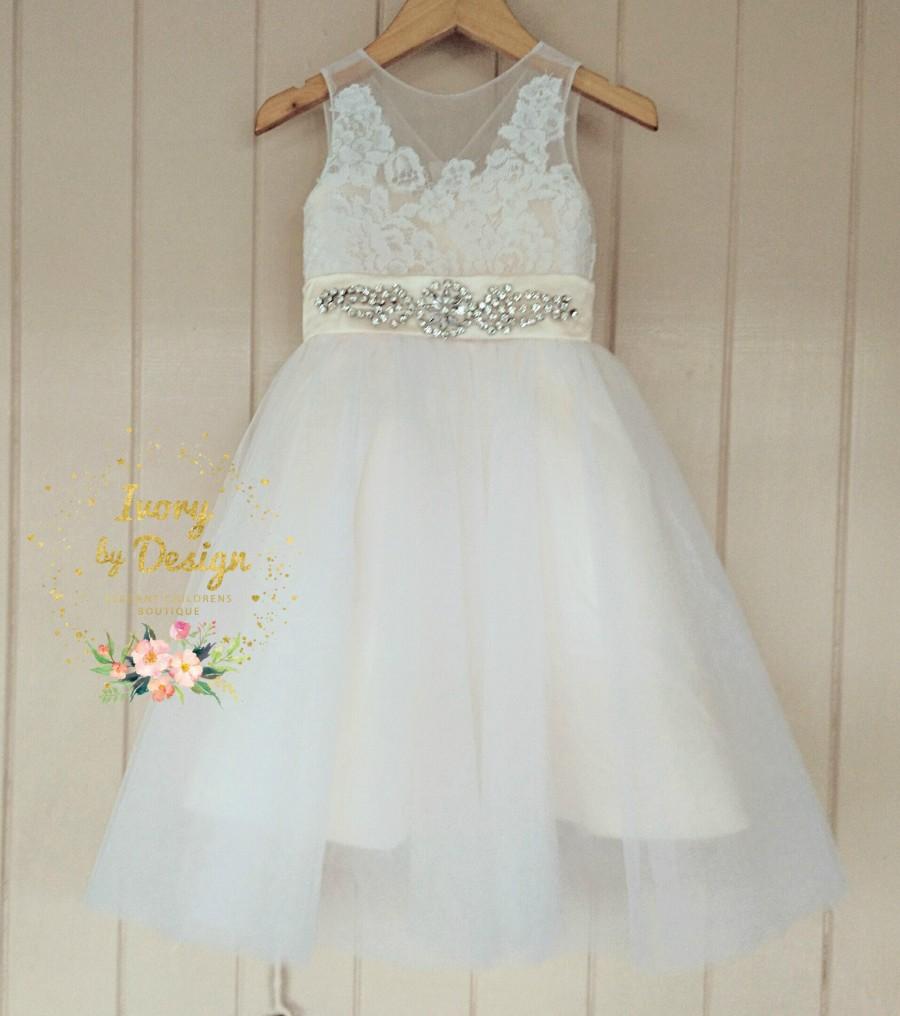 Sweet Cream Ivory White Tulle Flower Girl Dress Lace Bodice
