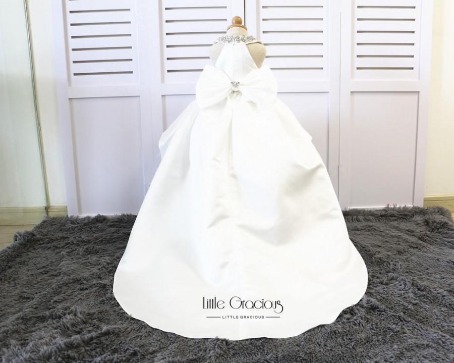زفاف - Long Tail ivory/ white sequins Back Couture Flower Girl Dress, Toddler Pageant Dress, Girl Birthday Dress, LG021
