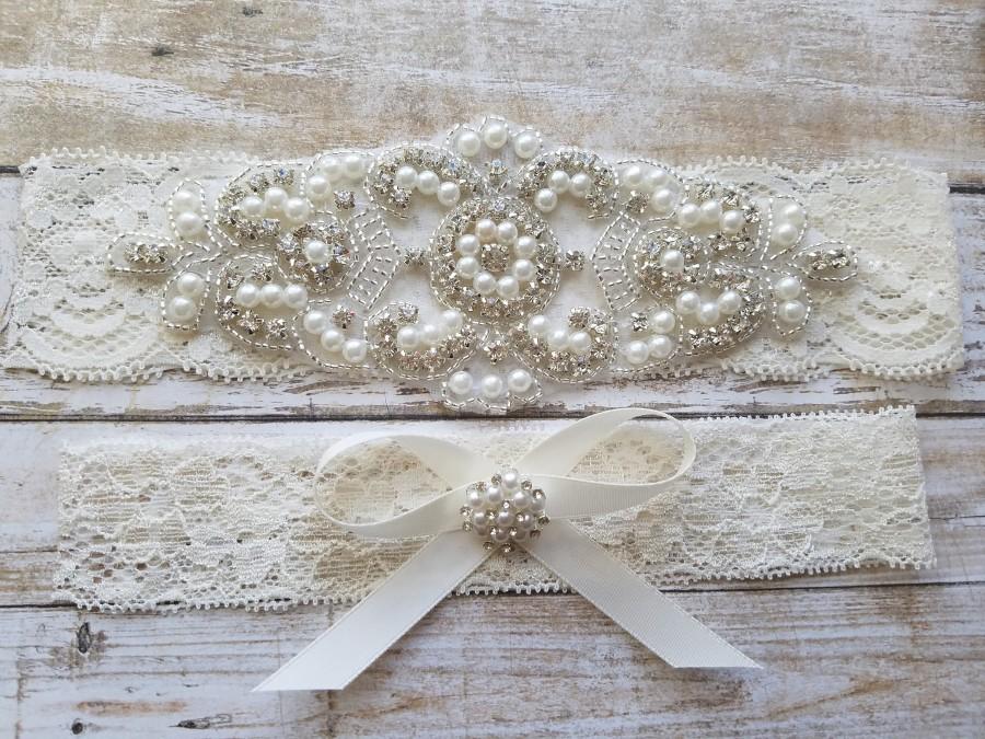 Hochzeit - SALE - Wedding Garter, Bridal Garter, Garter Set - Crystal Rhinestone & Pearls - Style G8001IVO