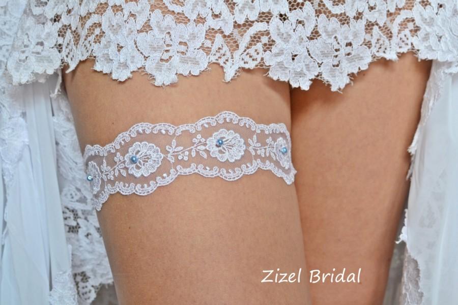 Wedding - White Wedding Garter, Bridal Garter, Keep Wedding Garter, Blue Pearl Garter, Wedding Clothing, White Lace Garter,Something Blue, Garter