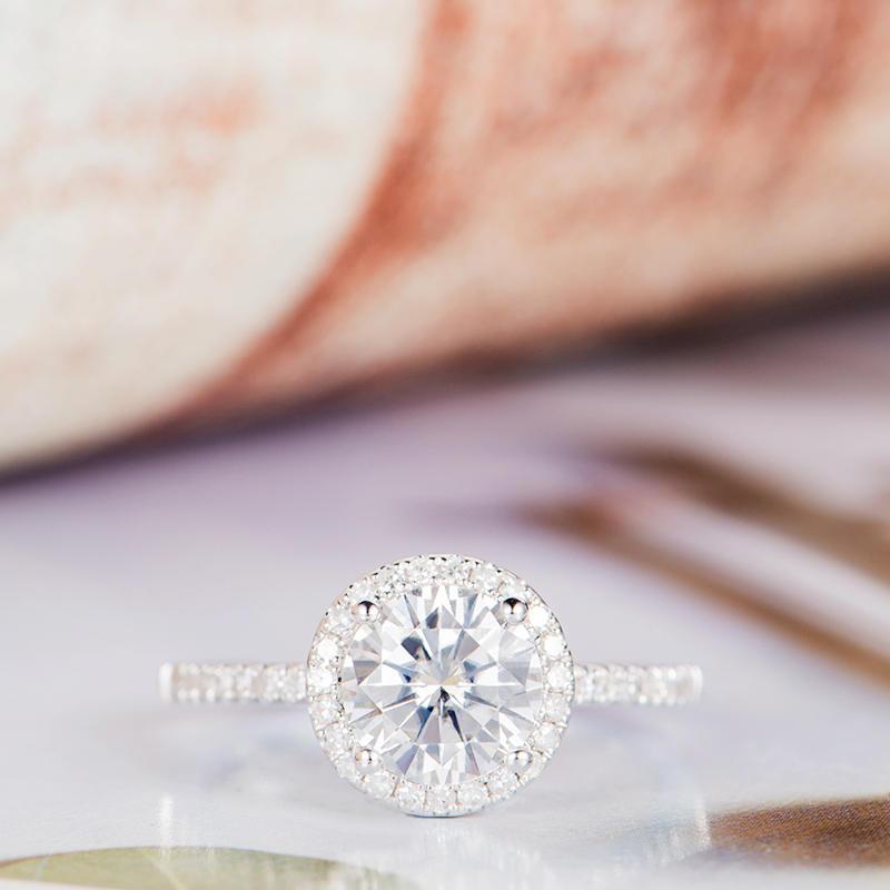 Hochzeit - Moissanite Engagement Ring White Gold Diamond Halo Half Eternity Round Cut Wedding Bridal Forever Brilliant Simple Anniversary Gift for Her