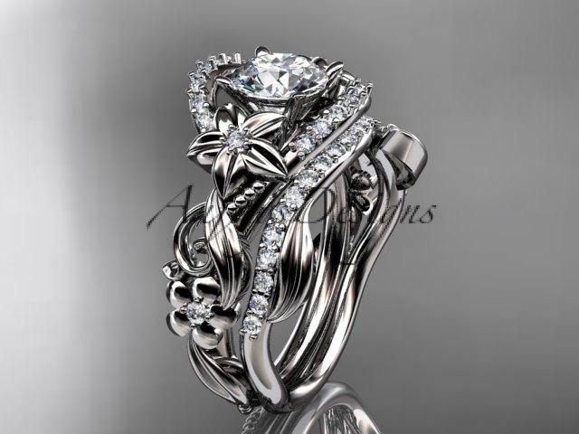 زفاف - 14kt white gold diamond unique flower, leaf and vine engagement ring set ADLR211S