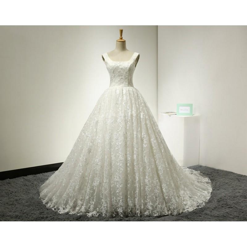 Mariage - Ball Gown Lace Wedding Dress Square Neckline Backless Wedding Gown V Back Chapel Train Sexy Backless Bridal Dress - Hand-made Beautiful Dresses