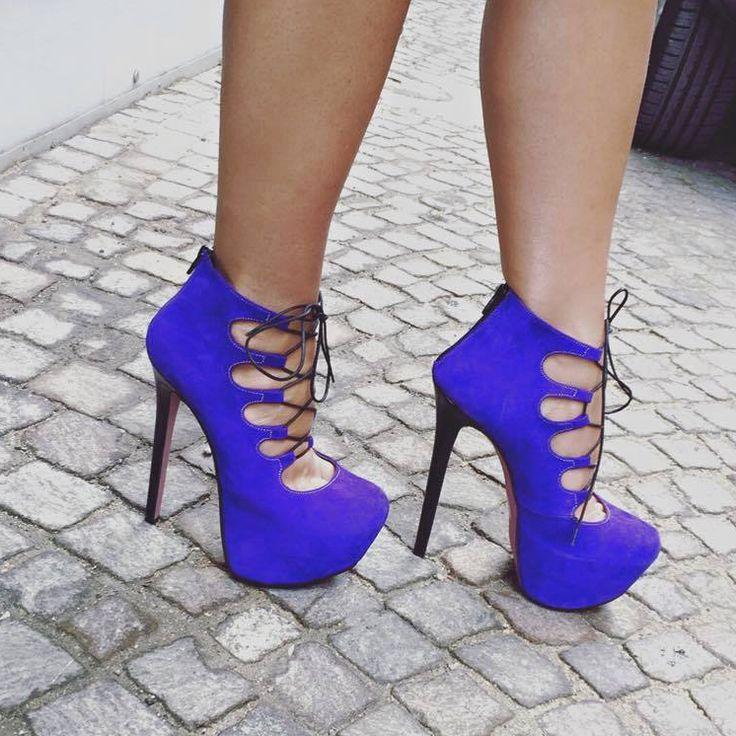 زفاف - Blue Lace Up Platform Heels