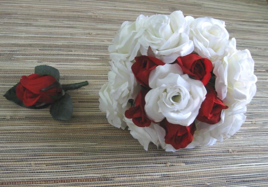 Wedding - White Rose Bouquet, Red Rose Bridal Bouquet and Boutonniere