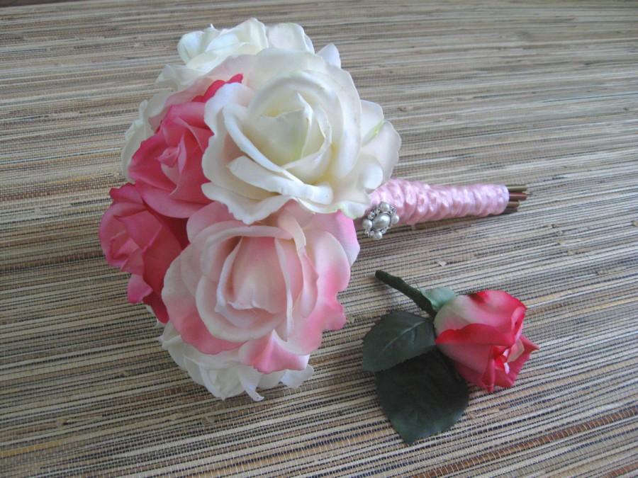 Hochzeit - Real Touch Bouquet, Pink White Bouquet, Pink Rose, Silk Bridal Bouquet, Wedding Bouquet, Rhinestone/ Pearl Embellishment, Romantic Wedding
