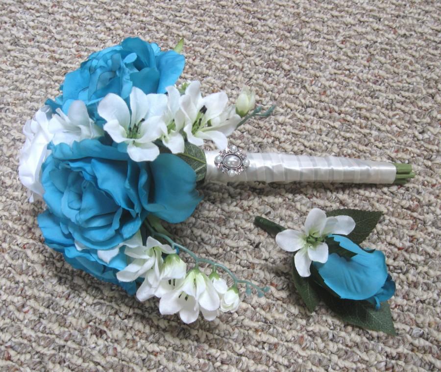 Hochzeit - Blue Rose Bouquet, White Rose Silk Bridal Bouquet, Cascade,Boutonniere, Silk Flower Bouquet, Teal Blue Roses, Rhinestone