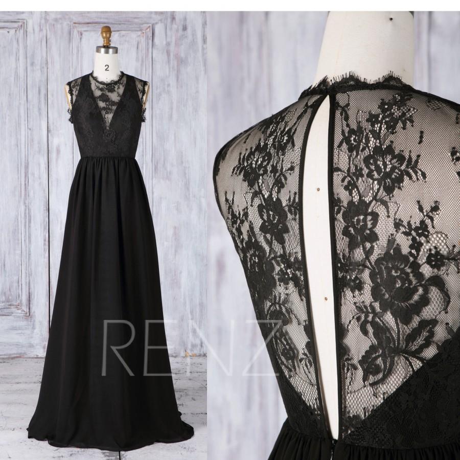 زفاف - Bridesmaid Dress Black Chiffon Wedding Dress,Illusion Deep V Neck Maxi Dress,Lace Key Hole Back Prom Dress,A Line Long Party Dress(L309A)