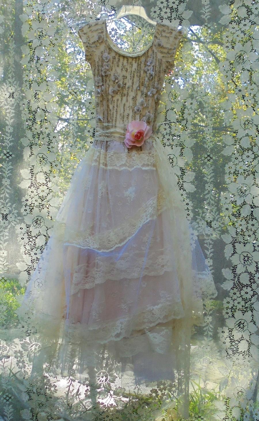 Hochzeit - Floral sparkle dress wedding lace   tulle romantic boho outdoor bride small   by vintage opulence on Etsy