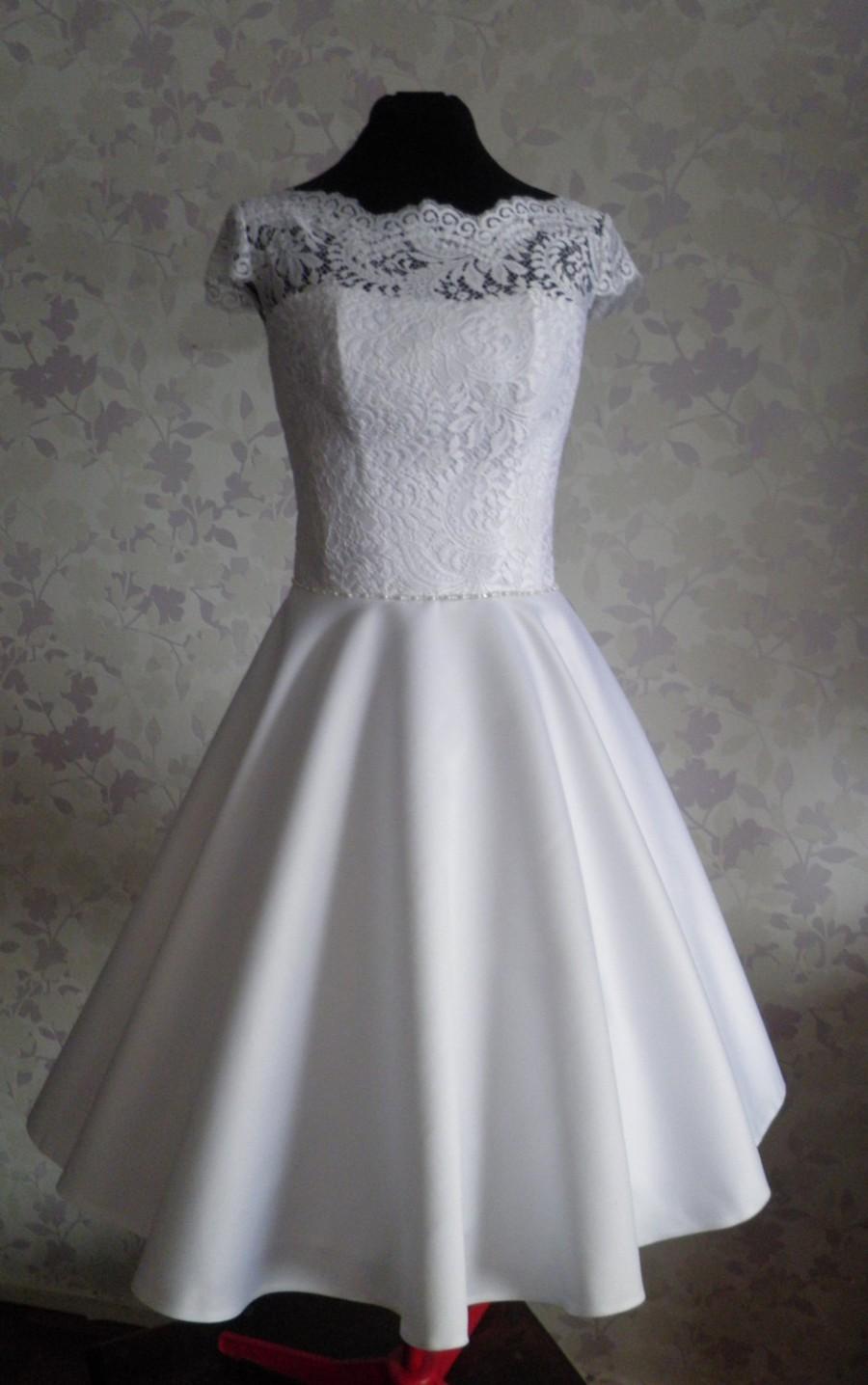 Wedding - Vintage Inspired Wedding Dress in style of Audrey Hepburn 1950 with Tea Length Skirt, Illusion Neckline, Lace Corset, V Shaped Back Cutout