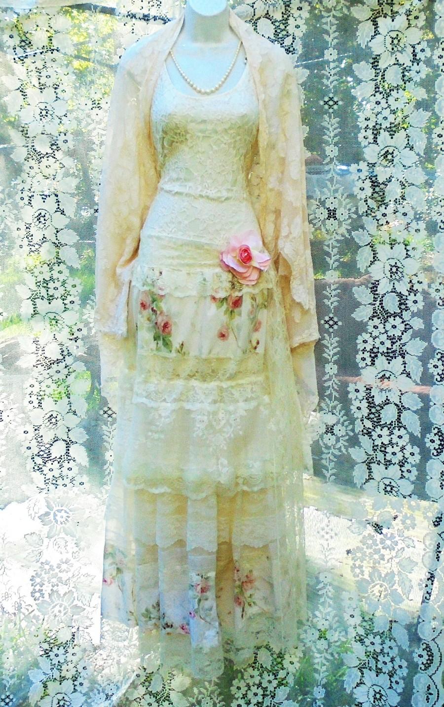 Wedding - Floral lace dress wedding tulle romantic boho outdoor bride small  by vintage opulence on Etsy