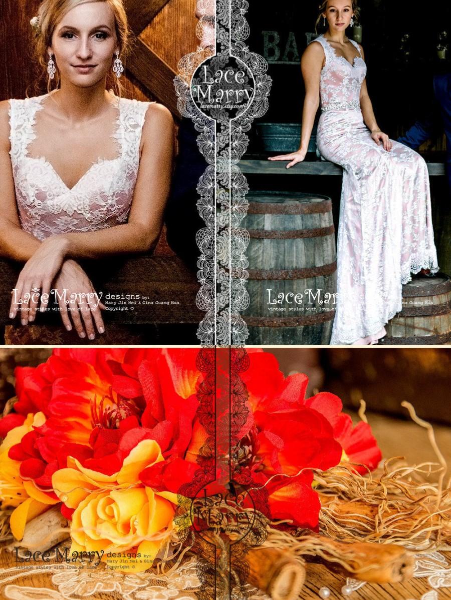 زفاف - Boho Blush Wedding Dress from Scalloped Chantilly Lace in Fit and Flare Style with Sweetheart Neckline, Keyhole Back and Ruched Chapel Train