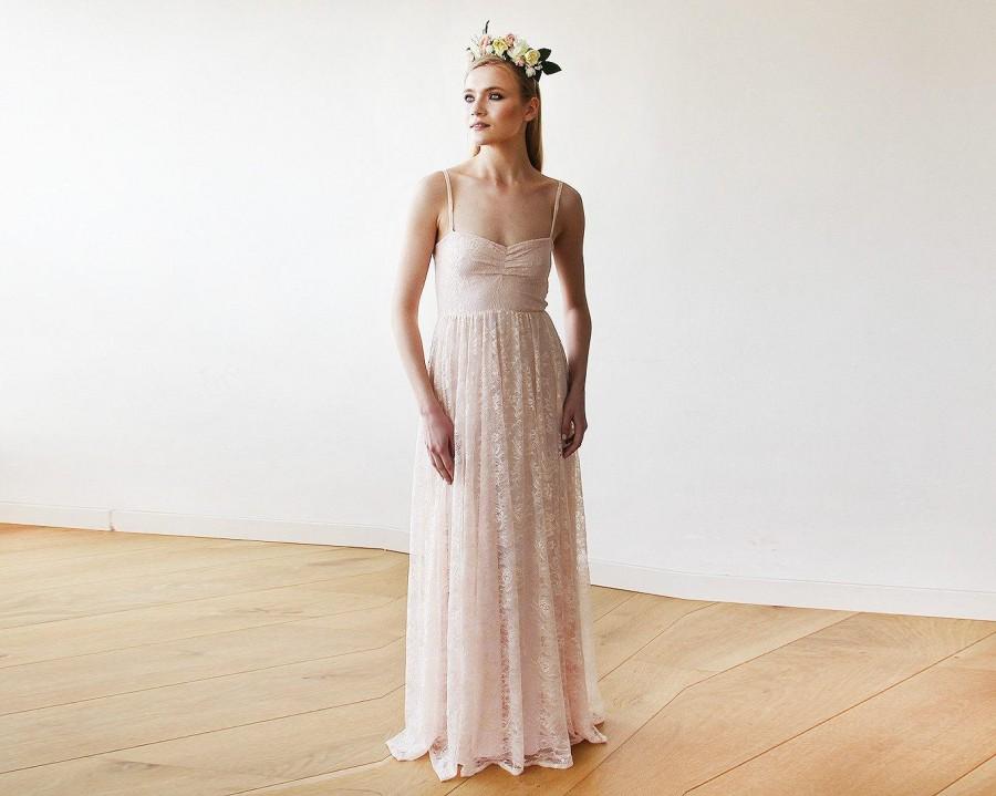 Hochzeit - Sweetheart neckline pastel pink lace maxi dress with thin straps 1080