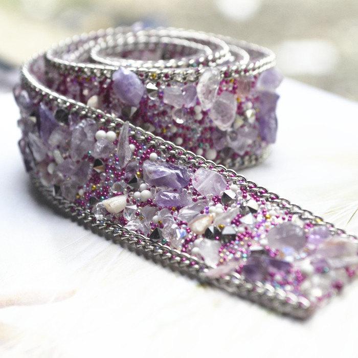 Hochzeit - Luxury beaded lace trim with gems  for bridal wedding belt trim, crystal beaded trim