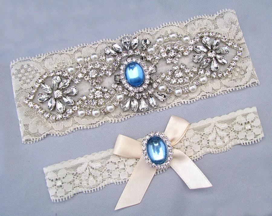 Wedding - Wedding Garter Set, Crystal Rhinestone Pearl Keepsake / Toss Garters, Something Blue, Off White / Ivory Stretch Lace Bridal Garter