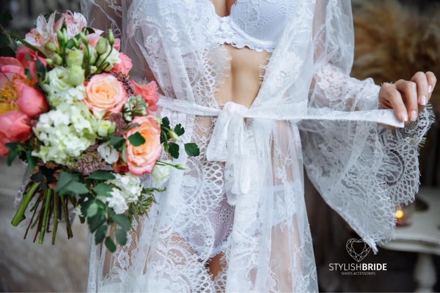 Wedding - Bridal Short Robe Lace, Chantilly Lace Robe, Lace Bridal Robe, Lace Sleeve Robe, Embroidered Lace Bridal Robe,  French Lace Wedding Robe