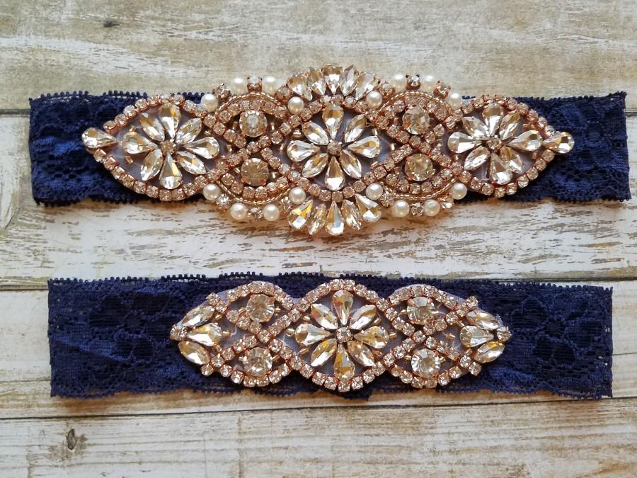 Свадьба - Sale -Wedding Garter and Toss Garter-Crystal Rhinestone with Rose Gold Details - Navy Blue Lace - Style G20903TRGNV