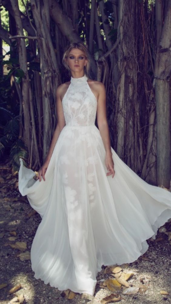 Wedding - High Neck White Chiffon Skirt Wedding Dress