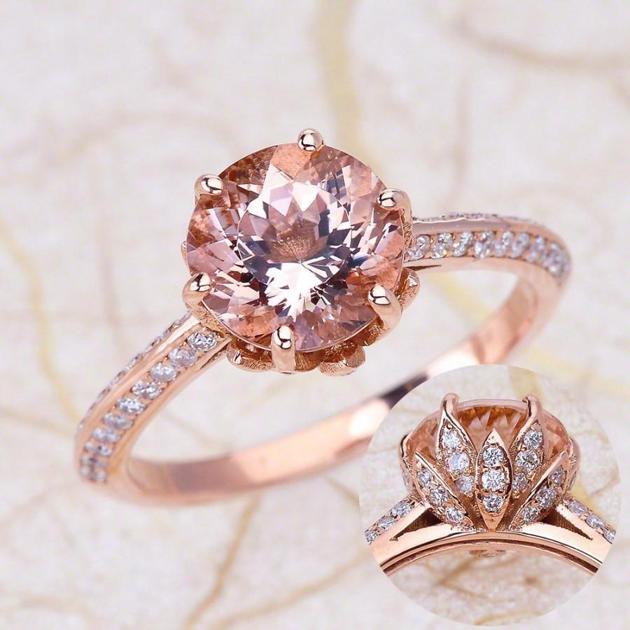 Hochzeit - Rose Gold Engagement Ring / Morganite Engagement Ring / Lotus Flower Engagement Ring / Engagement Ring Center Is A 8MM Round Morganite