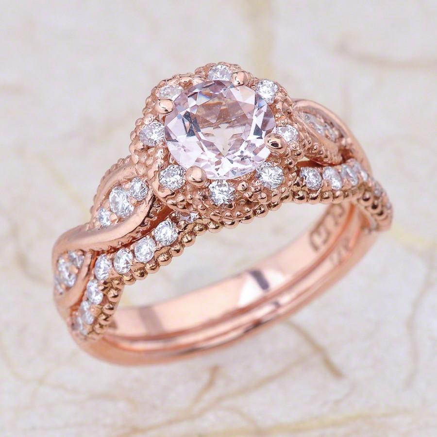 Hochzeit - 6.5mm Round Cut Morganite Vintage Art Deco Halo Engagement Ring with Wedding Band in 14K Rose Gold