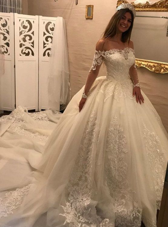 Hochzeit - Royal Train Off-Shoulder Wedding Dress With Lace Appliques