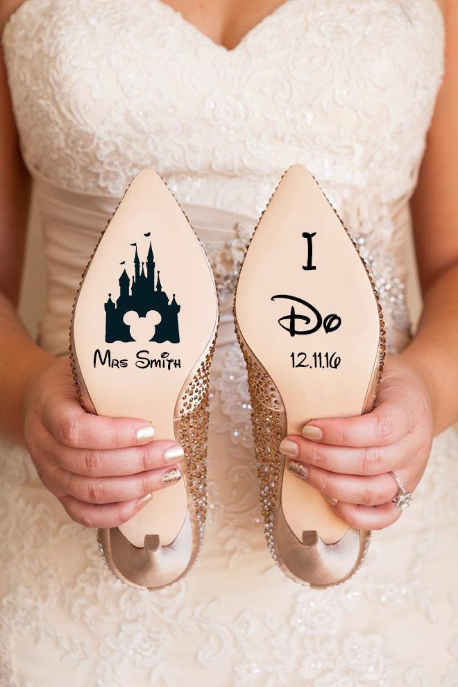 Hochzeit - Personalised Disney Wedding Shoe Vinyl Sticker Decal With Name & Date Decorations Bridal shoe Bridesmaid I Do Etc