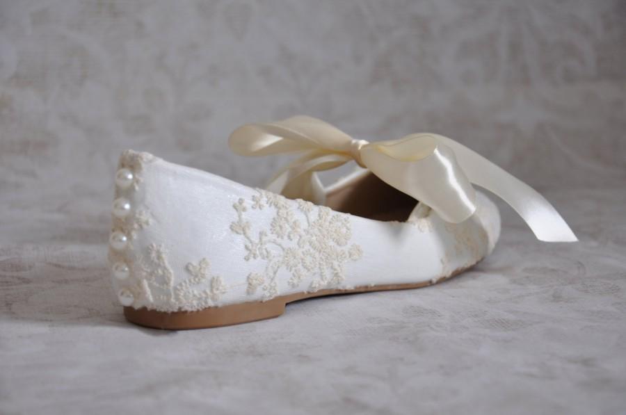 Wedding - Ivory bridal flats lace bridal flats wedding shoes with bow ivory wedding shoes lace wedding flats  embellished shoes ivory wedding shoes