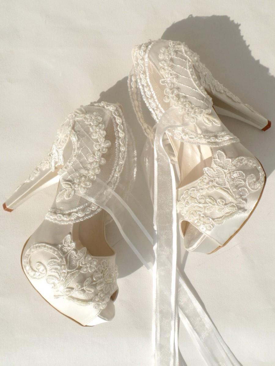 زفاف - Wedding Shoes - Ivory Embroidered Lace Bridal Shoes