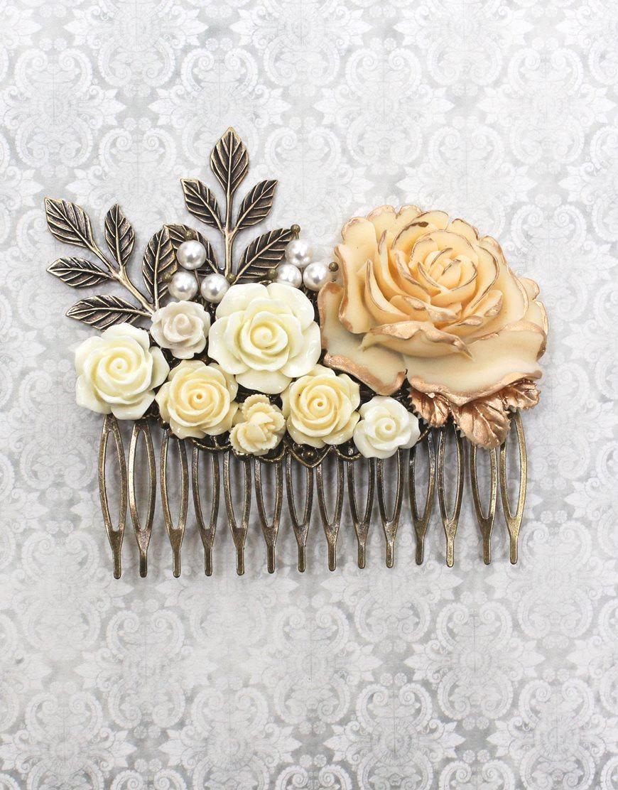 Свадьба - Big Bridal Hair Comb Large Ivory Cream Rose Wedding Accessories Floral Collage Shabby Country Antique Gold Brass Leaves Pearls Hair Piece