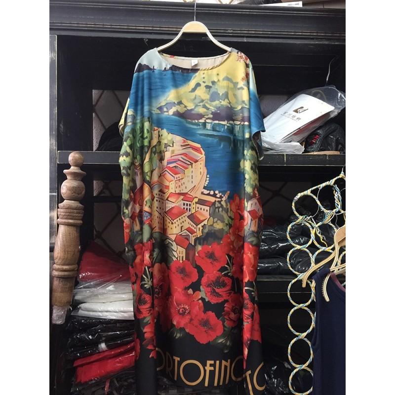 زفاف - Ethnic Style Oversized Floral Summer Short Sleeves Silk Dress - beenono.com
