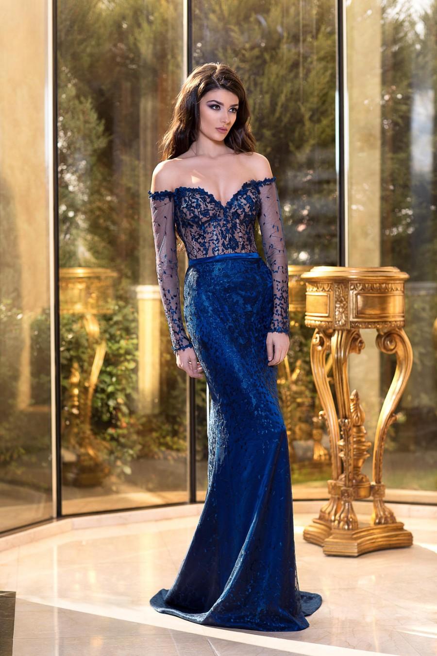 زفاف - Blue evening dress, Long cocktail evening gown, Formal or bridesmaid dress, Long sleeves Prom dress, Couture dress with lace by tonena