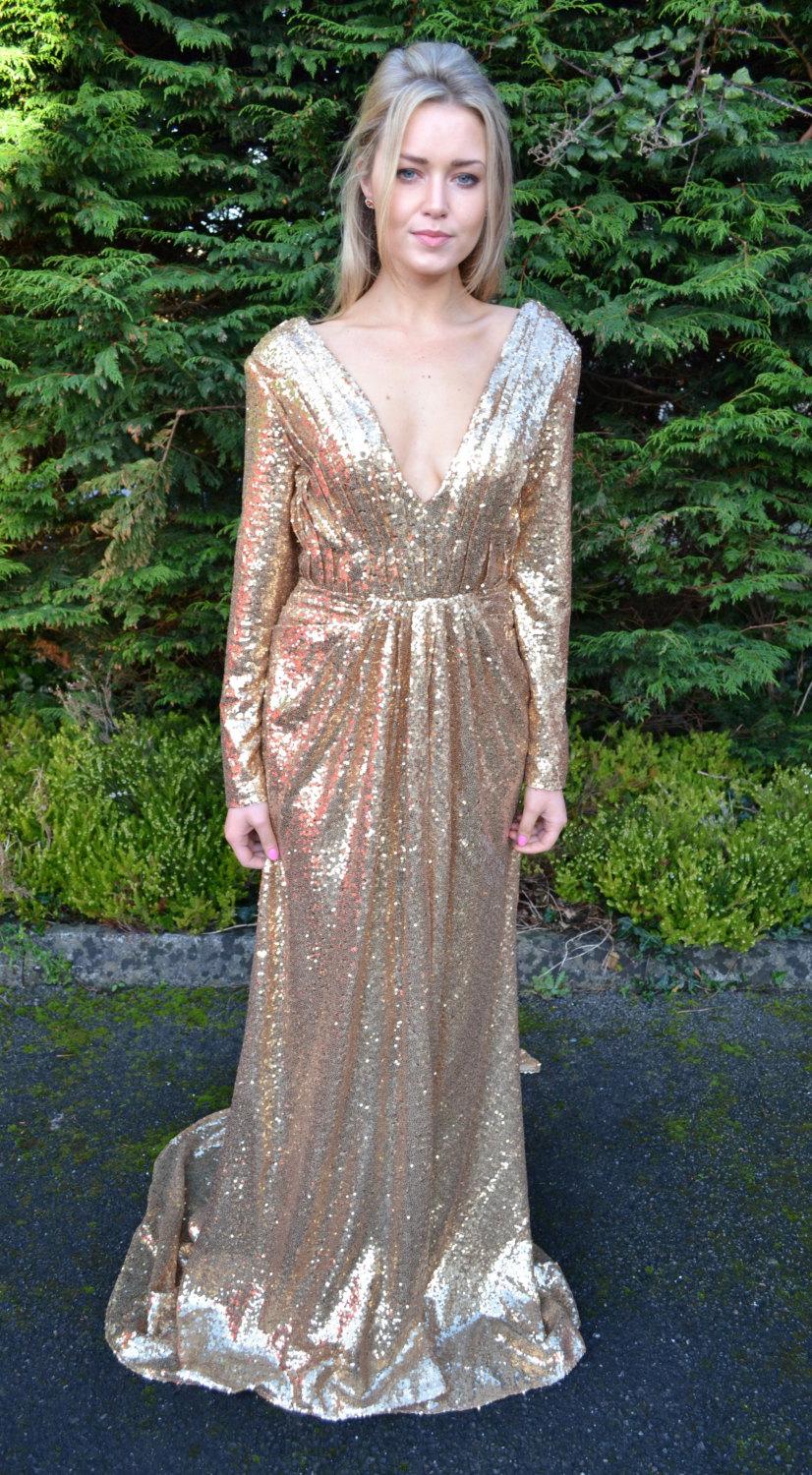 Mariage - Sequin long sleeve open back dress - Ready to Wear 'Helena' gown - vintage-inspired glamour dress with plunging neckline and long sleeves