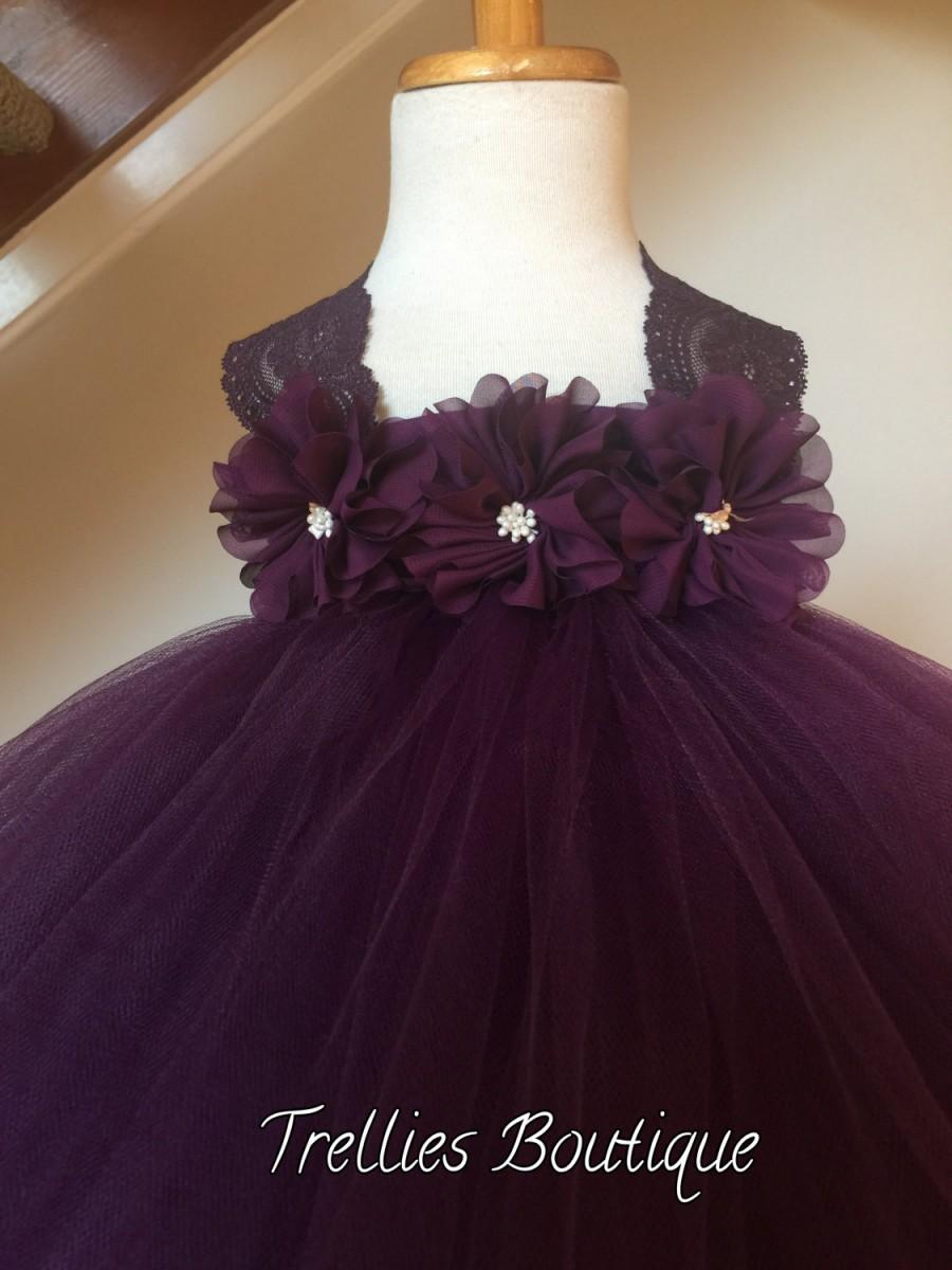 Mariage - Plum Eggplant Flower Girl Satin Lace Tutu Dress, Wedding Dress, Baby Girl, Toddler, Girls