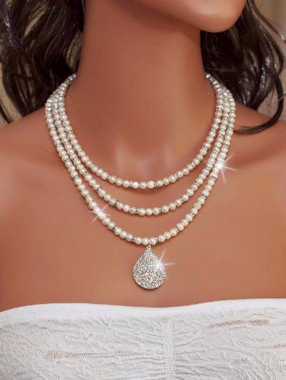 زفاف - LEOLA - Freshwater Pearls And Rhinestones Triple Strand Bridal Necklace