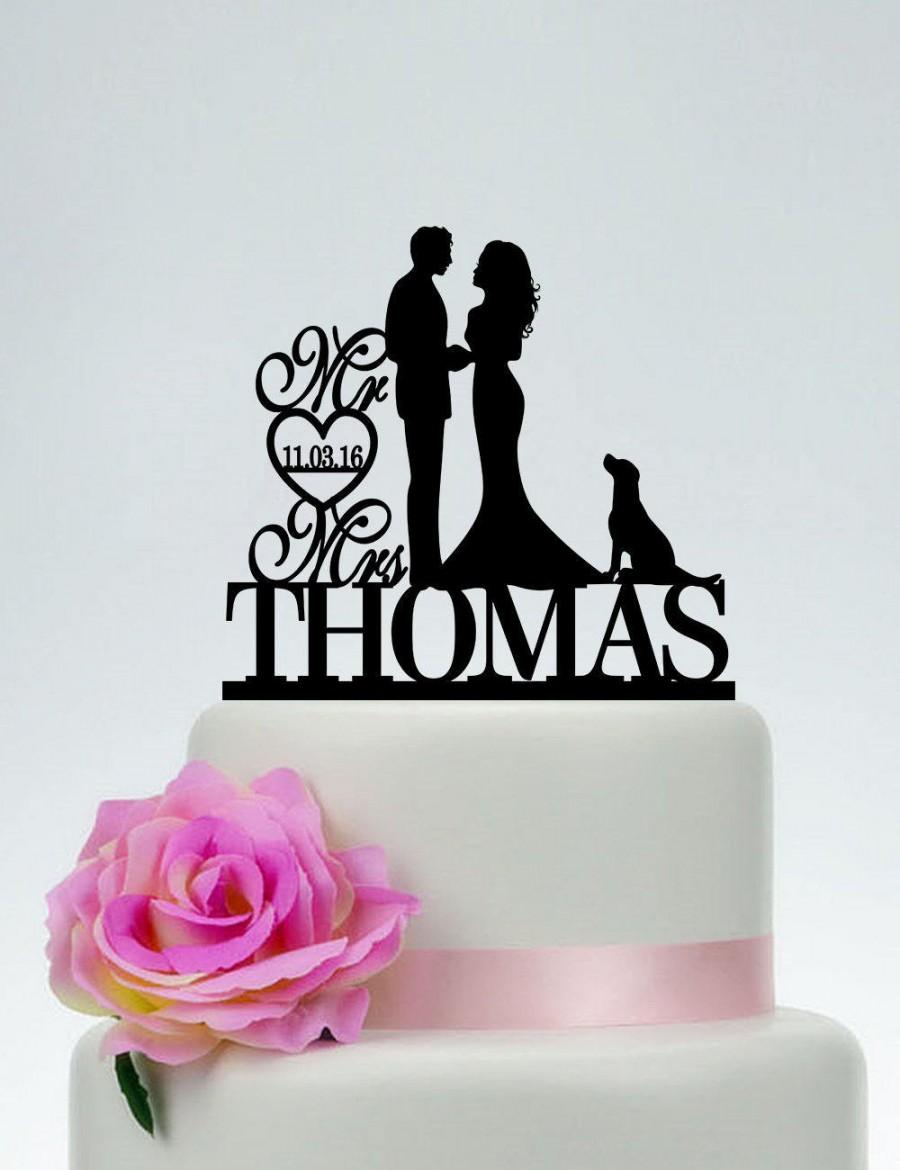 Wedding - Mr and Mrs Cake Topper,Bride and Groom With Dog,Couple Silhouette,Custom Wedding Cake Topper,Dog Cake Topper, Cake Topper with Date C184