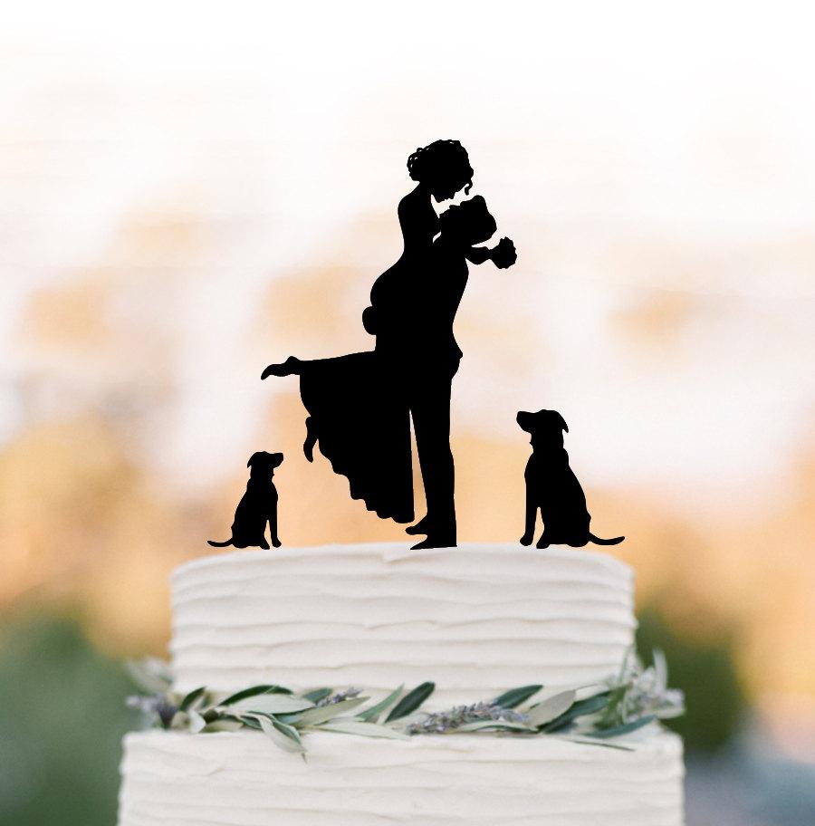 Wedding - Unique Wedding Cake topper 2 dogs, Cake Toppers with Groom lifting bride, funny wedding cake toppers silhouette, two dog cake topper