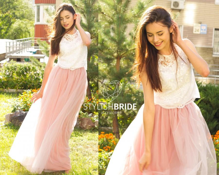 Свадьба - 15% SALE! Dress Tulle Set Lace Crop Top and Tulle skirt long, Lace Crop Top Bridesmaids Dress Cami Crop Top Tulle Blush Pink Blue Grey Skirt