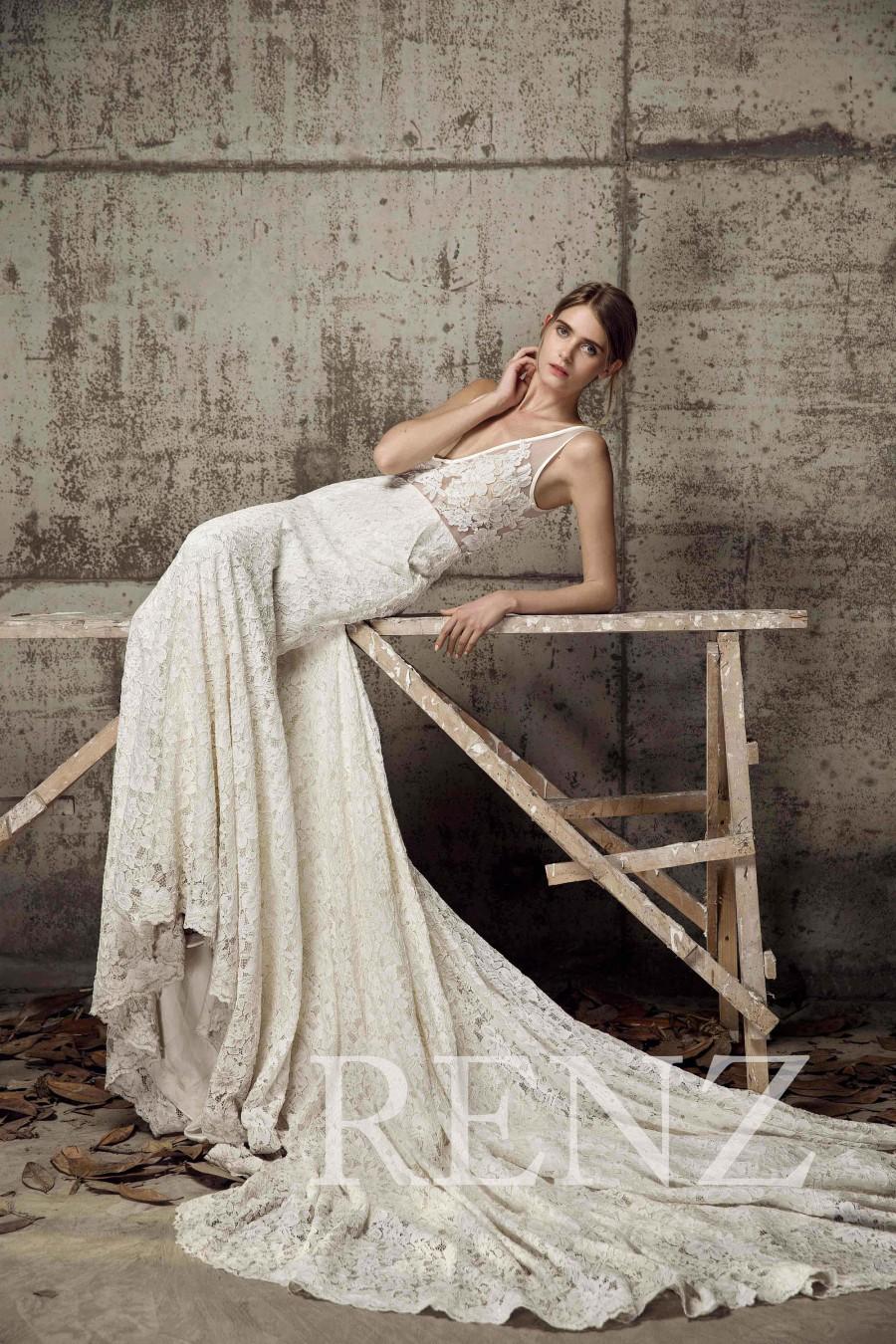 Mariage - Wedding Dress Off White Lace Deep V Neck Bridal Dress,Illusion Lace Long Prom Dress with Train,Sexy Mermaid Evening Dress Full Length(HW326)
