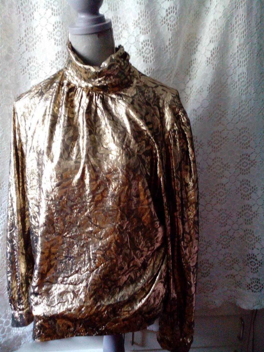 زفاف - Vintage  80 s Golden New Wave Disco Glam Blouse /Top/ New Year's Eve blouse