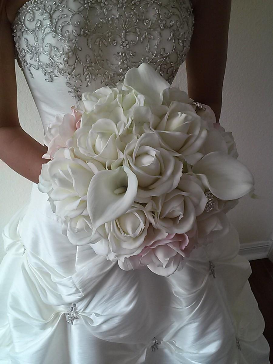 زفاف - Real Touch Rose and Calla Lily Bouquet with Groom's Boutonniere-Pink and White Bouquet- Silk Flower Wedding Bouquet
