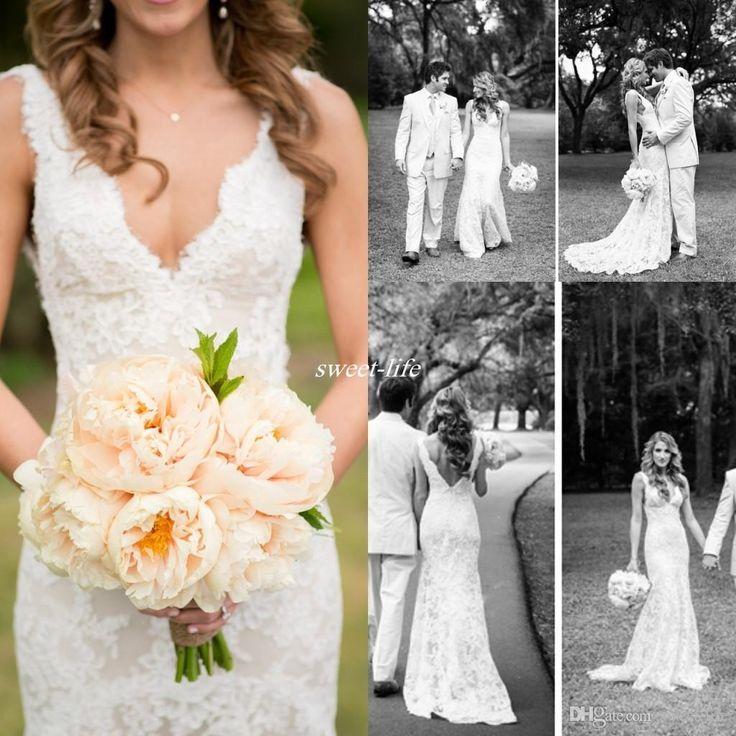 Wedding - Vintage Full Lace Wedding Dresses Deep V Neck Backless Sleeveless Mermaid Chapel Train 2016 Vintage Summer Wedding Bridal Gowns Plus Size