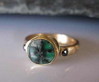 Hochzeit - Rare Trapiche Emerald Ring Size 6 Cabochon Emerald Engagement Ring Modern Emerald Ring Gold Rustic Emerald Ring Unique Engagement Ring