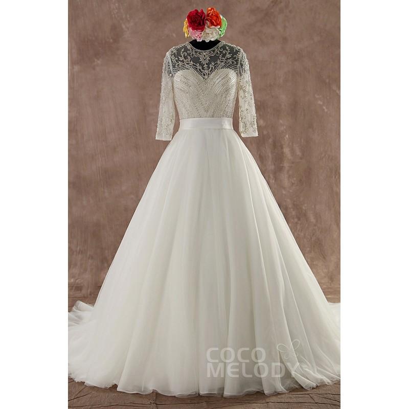 Wedding - Vintage A-line Natural Train Tulle Half Sleeve Wedding Dress with Ribbons and Beading - Top Designer Wedding Online-Shop