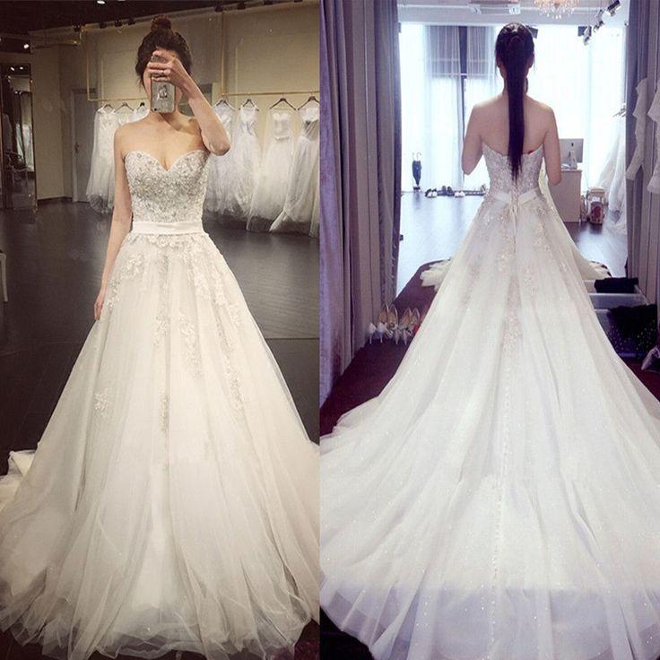 Wedding - Vintage Princess Strapless Sweetheart Lace Beads Large Chiffon Train Ball Gown Wedding Dresses. WD0262