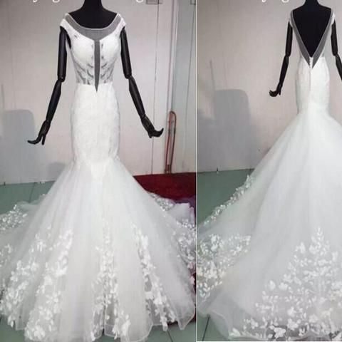 زفاف - Popular Cap Sleeve White Mermaid V-Back Sexy Lace Wedding Dresses.. RG0021
