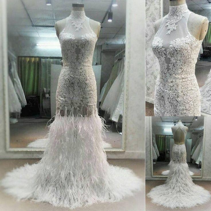 Свадьба - Affordable High Neck Sleeves Mermaid Open Back Lace Charming Long Wedding Dress, WG632