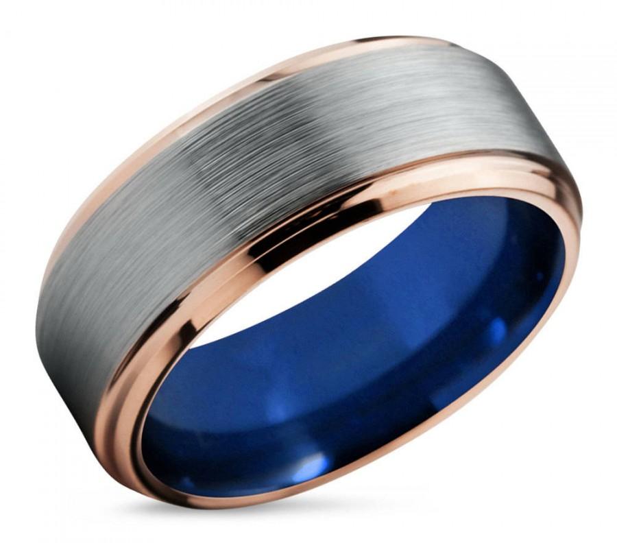 Hochzeit - Tungsten Wedding Ring Band Mens Rose Gold Blue Band Tungsten 18k Tungsten Carbide 8mm Tungsten Man Wedding Male Women Anniversary Matching